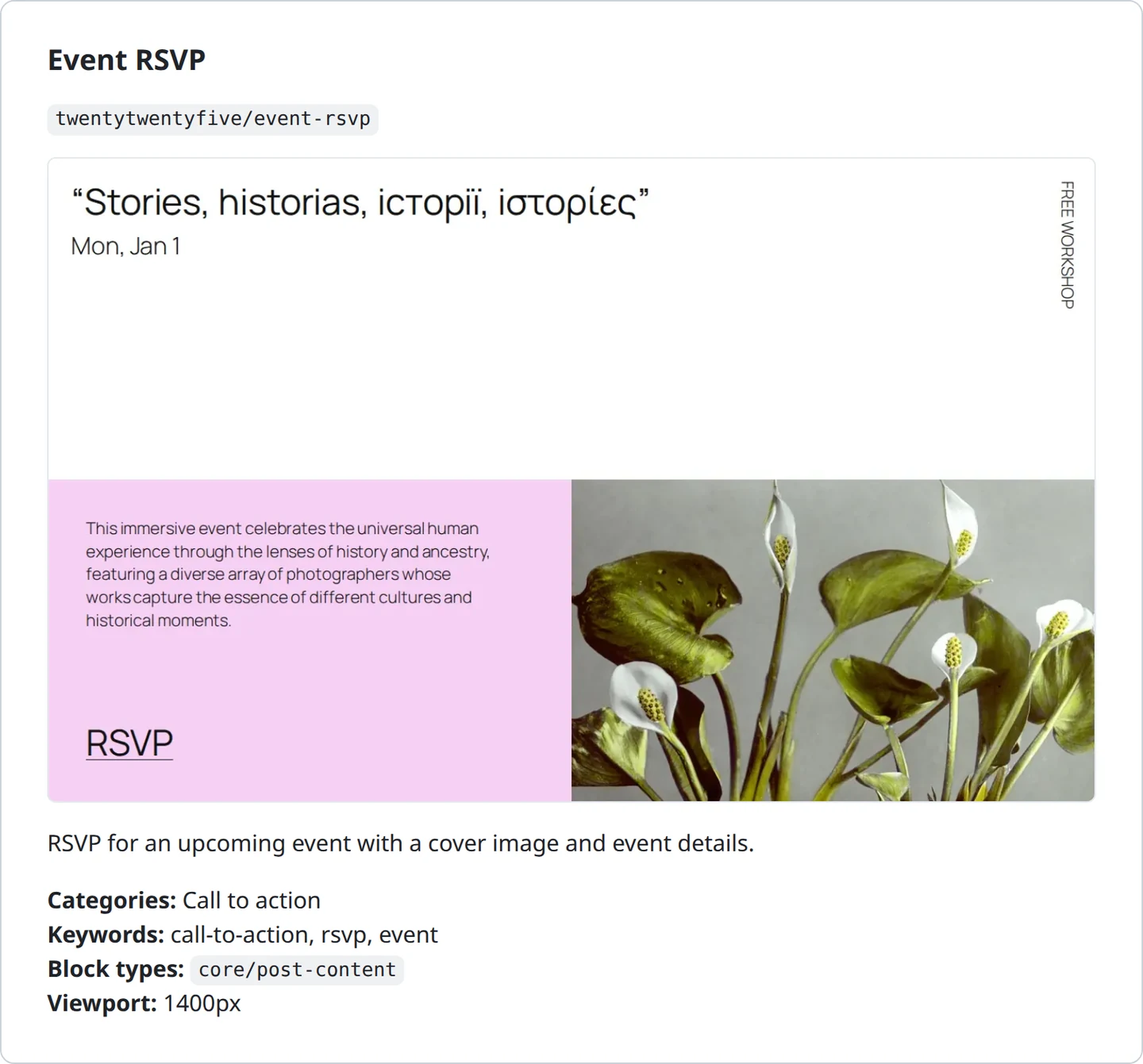 One pattern's entry in a generated library: its title, its slug, the capture itself, the description from the pattern header, and the category, keyword, block type and viewport metadata beneath it